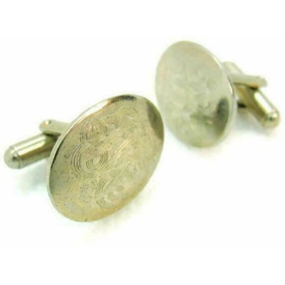Men Vintage Cufflinks Etched Bullet Style Silver Tone Oval 7/8" x 5/8" - Picture 2 of 5